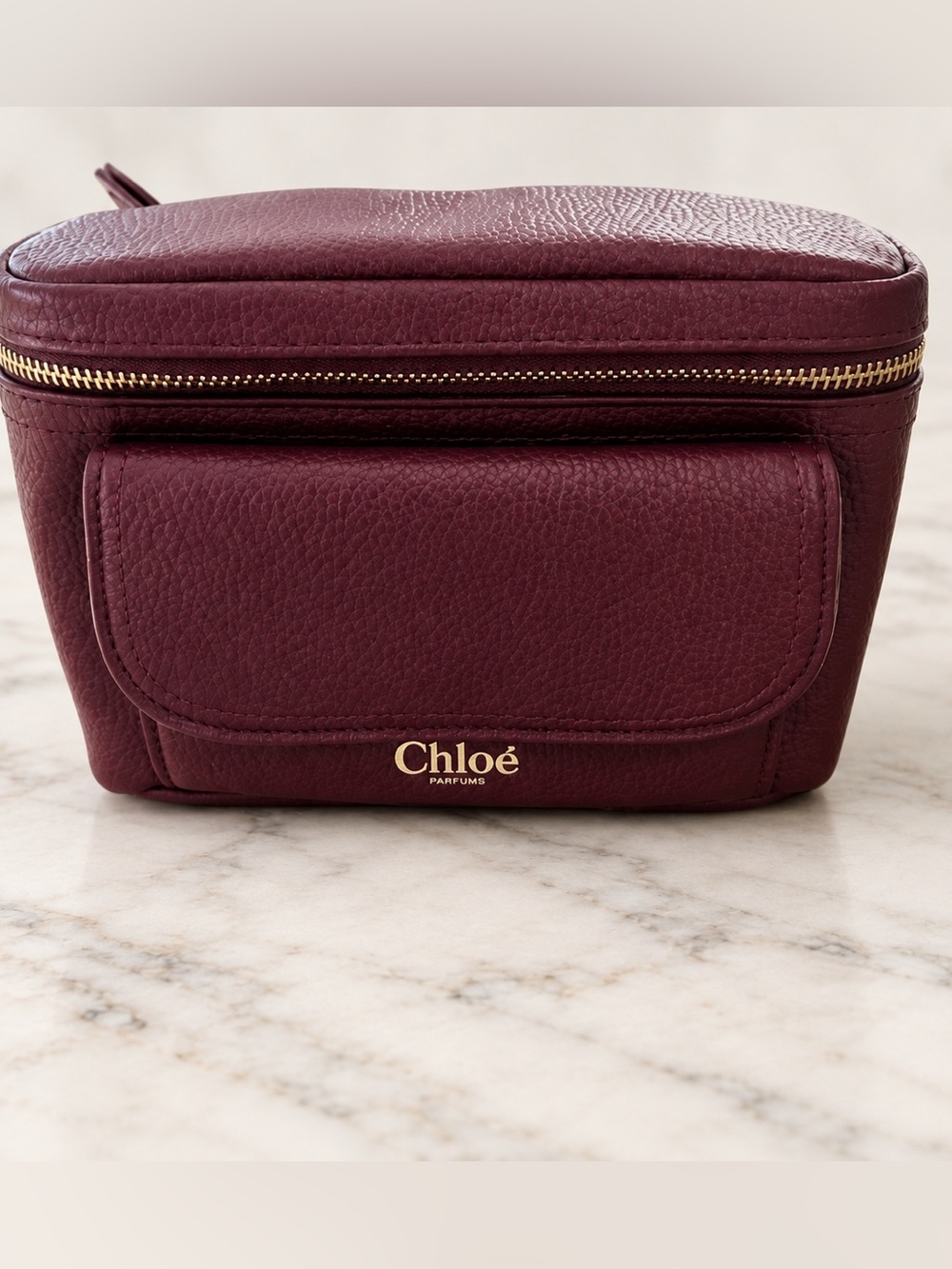 Chloé Burgundy Pebbled Faux Leather Cosmetic Case with Gold Hardware